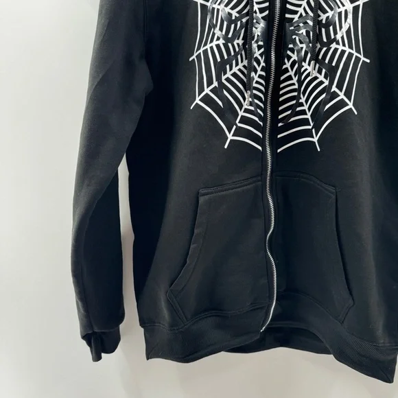Black Zip-Up Hooded Jacket – Size Large, Spider & Web Graphic - Picture 3 of 8